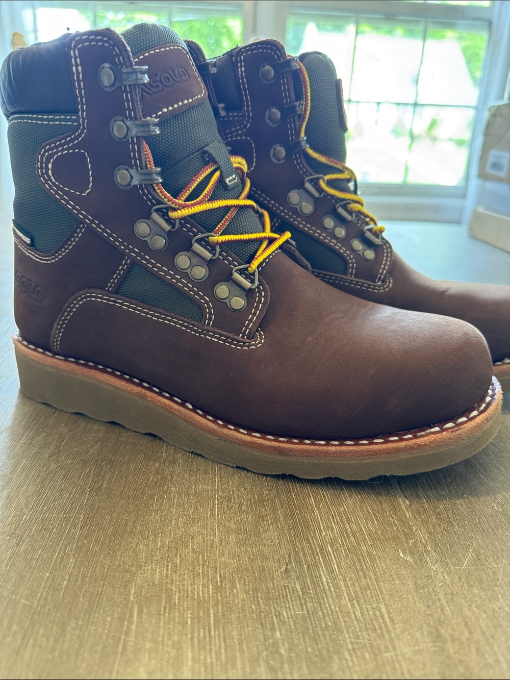 Asolo Brown Leather Work Boots with Yellow Accent Laces